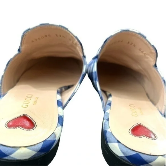 GUCCI Princetown White and Blue Gingham Loafer Mules Size 37.5 - Picture 5 of 7
